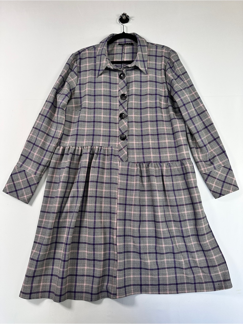 REFKA Plaid Collared Button Front Dress Grey Pink Blue Size 12